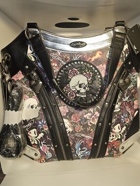 Ed Hardy Black Floral Skull Tote NWTs